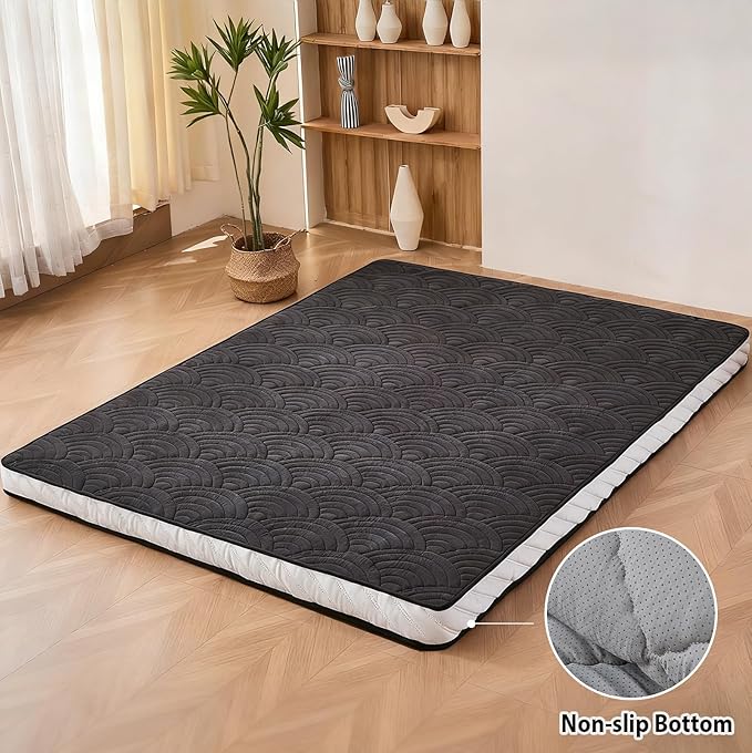 Zelladorra Japanese Floor Mattress, Quilted Futon Mattress with Anti-Slip Bottom, Foldable Floor Bed with Storage Bag and Straps, (Black, Twin)