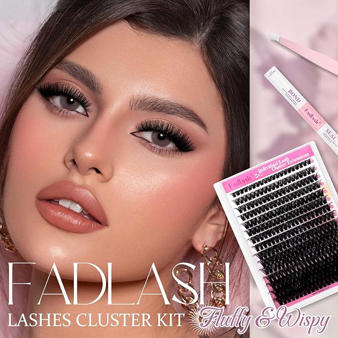 FADLASH Lash Extension Kit 50D Lash Clusters D Curl Lash Cluster Kit DIY Eyelash Extension Kit with Lash Bond and Seal Lash Tweezer Cluster Lashes (Kit, 50D-07D-Mix8-20)