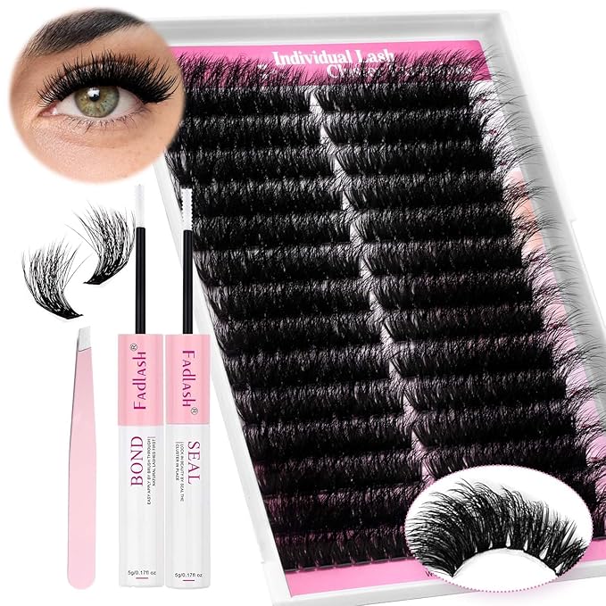 FADLASH Lash Extension Kit Cat Eye Lash Cluster Kit DIY Eyelash Extension Kit with Lash Bond and Seal Lash Tweezers Natural Cluster Eyelash Extensions Kit Individual Lashes (KIT, 100D-07D-12-20mm)