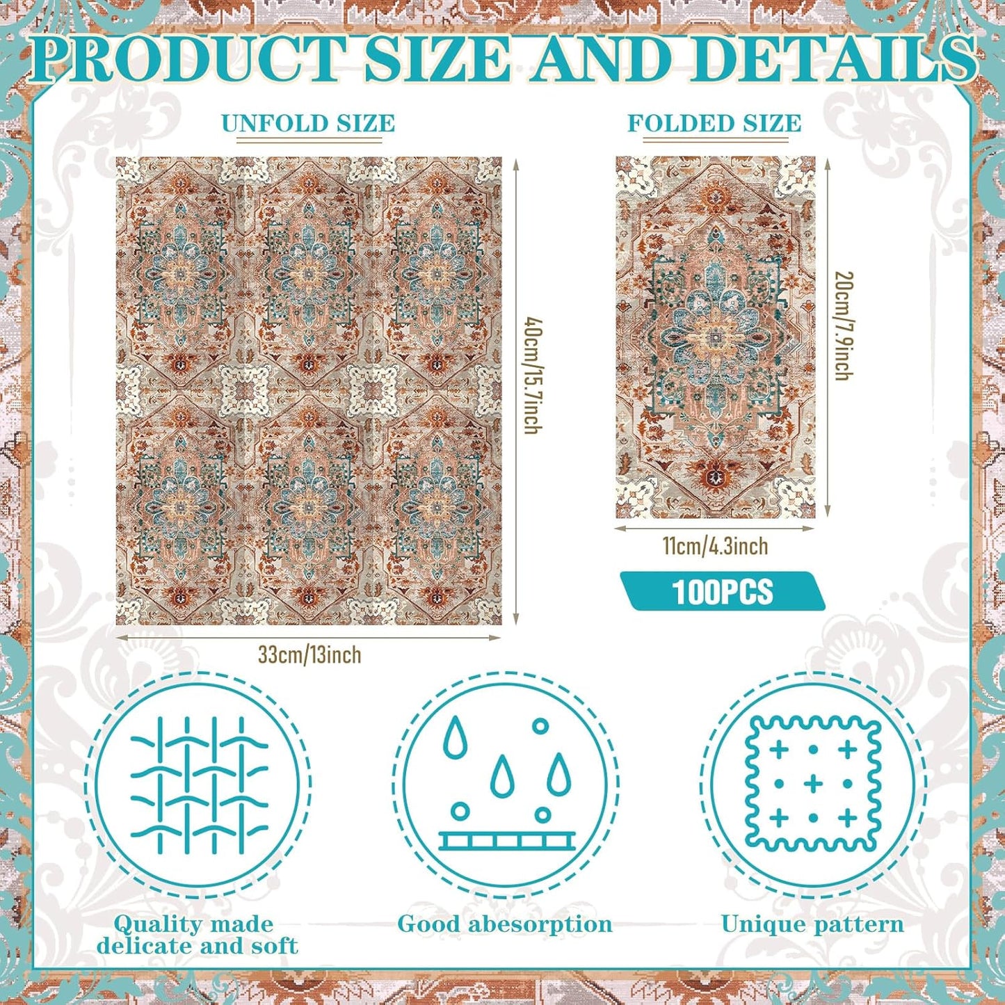 Yeaqee 100 Pcs Vintage Boho Napkins Paper Guest Towels 2 Ply Decoupage Napkins Disposable Decorative Hand Towel for Bathroom Kitchen Fall Wedding Party Dinner(Brick Red and Dark Blue)