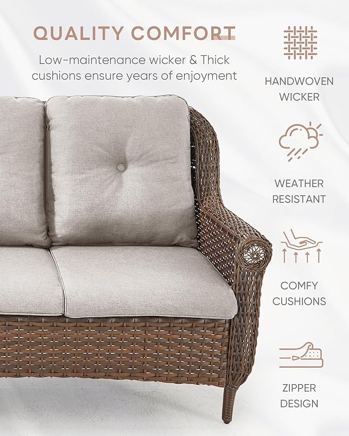 ACTREST Patio Couch Outdoor Wicker Sofa - Heavy Duty All-Weather Brown Rattan 3-Seater with High Back and Comfortable Thick Cushions for Garden Back Porch Poolside Apartment - Beige