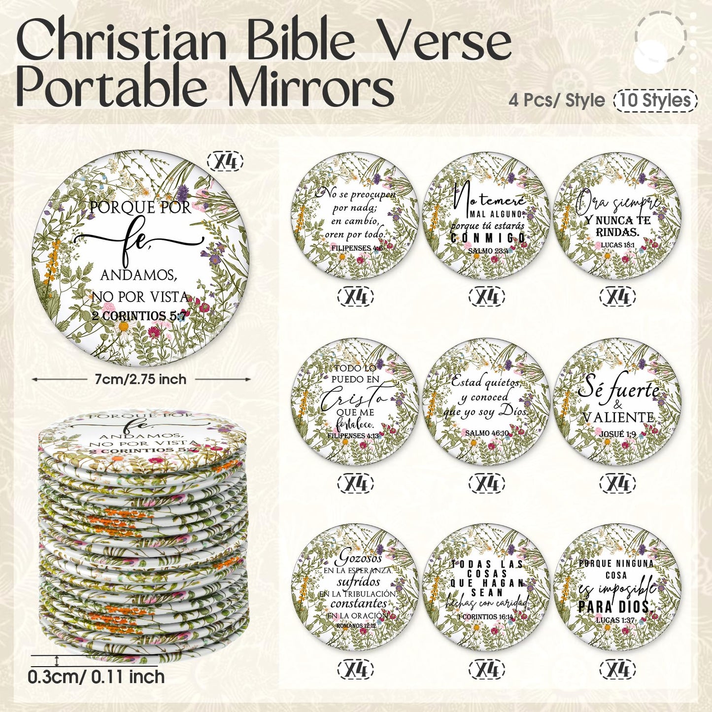 GlikCeil 40 Pcs Mini Bible Verse Compact Mirrors Bulk Religious Christian Gifts Wildflower Theme Pocket Mirrors Portable Small C