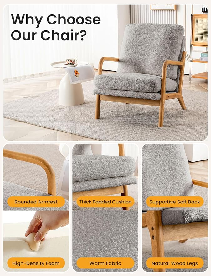 Mid Century Modern Accent Chairs for Living Room, 23” Wide Comfy Chair for Bedroom, Small Cozy Sherpa Reading Chairs for Adults, 108° Lounge Arm Chair Indoor with Detachable Cover, 5.5" Foam Cushion
