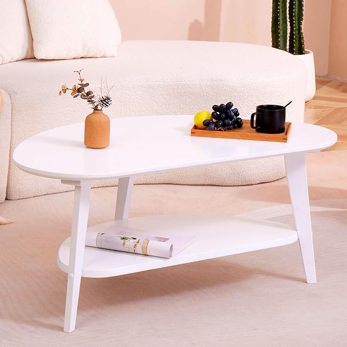 NAVREX Mid Century Modern Coffee Table, Oval Coffee Tables with Storage for Living Room, 2 Tier Solid Wood Center Table, White Coffe Tables, Easy Assembly, 40.2" D x 22" W x 17.7" H