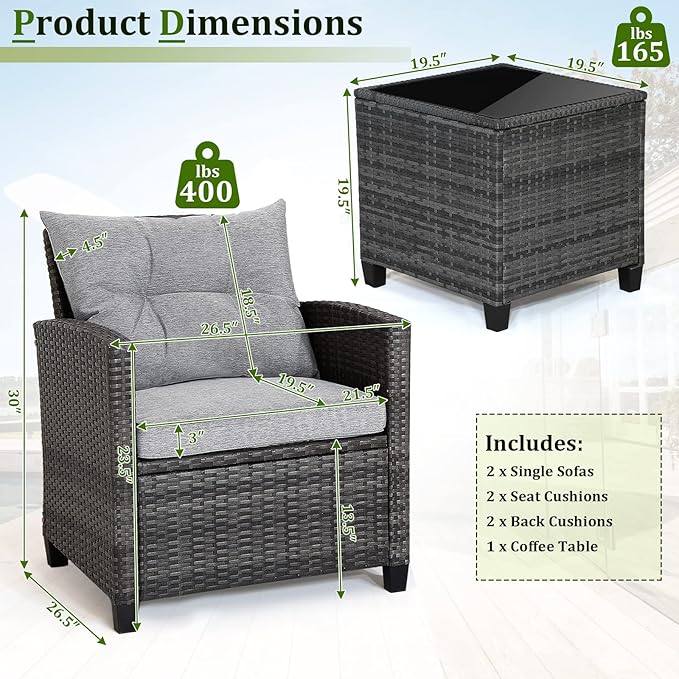 RELAX4LIFE Wicker Patio Furniture Sets - 3 Pieces Rattan Sofa Set, Outdoor Conversation Set with Tempered Glass Tabletop, Heavy-Duty Steel Frame, Wicker Chair Set for Poolside, Backyard, Grey