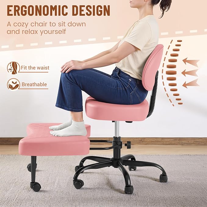 Homall Ergonomic Cross Legged Office Desk Chair with Wheels, 360° Swivel and Adjustable Height for Meditation and ADHD,Criss Cross Kneeling Chair with Lumbar Support (Leather, Pink)