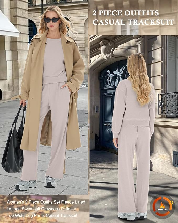 Sweetyweee Women's 2 Piece Outfits Set Fleece Lined Lounge Sweatsuit Crewneck Pullover Top Wide Leg Pants Casual Tracksuit