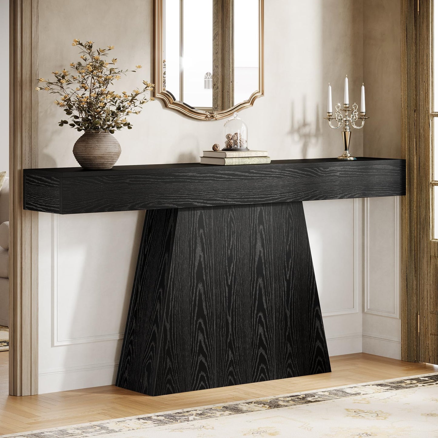Tribesigns 63" Black Console Table, Farmhouse Entryway Table with Trapezoidal Base, Narrow Long Sofa Table Behind Couch Table for Entrance, Hallway, Living Room, Black