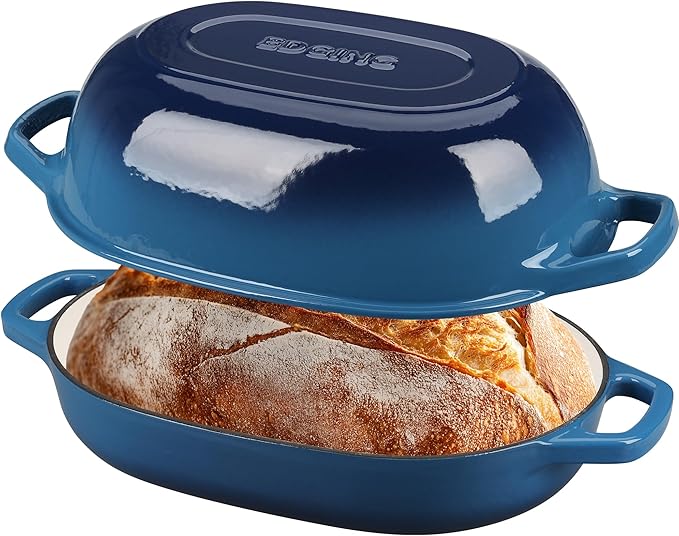 Enameled Cast Iron Oval Dutch Oven Pot with Lid, Dutch Oven for Sourdough Bread Baking, Oval Bread Pan, Bread Oven, Bread Dutch Oven, 7qt, Lake Blue