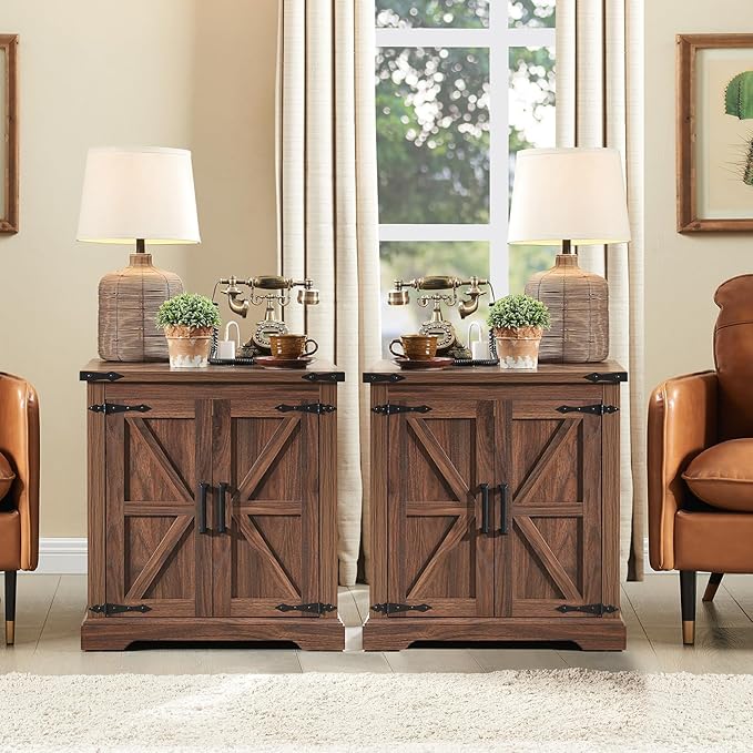 Barnyatoh Farmhouse End Table with Charging Station,Large Side Table with Barn Door, Rustic Wood Square Nightstand Bedside Table with Adjustable Storage Shelf for Living Room, Bedroom,Walnut 2-Pack