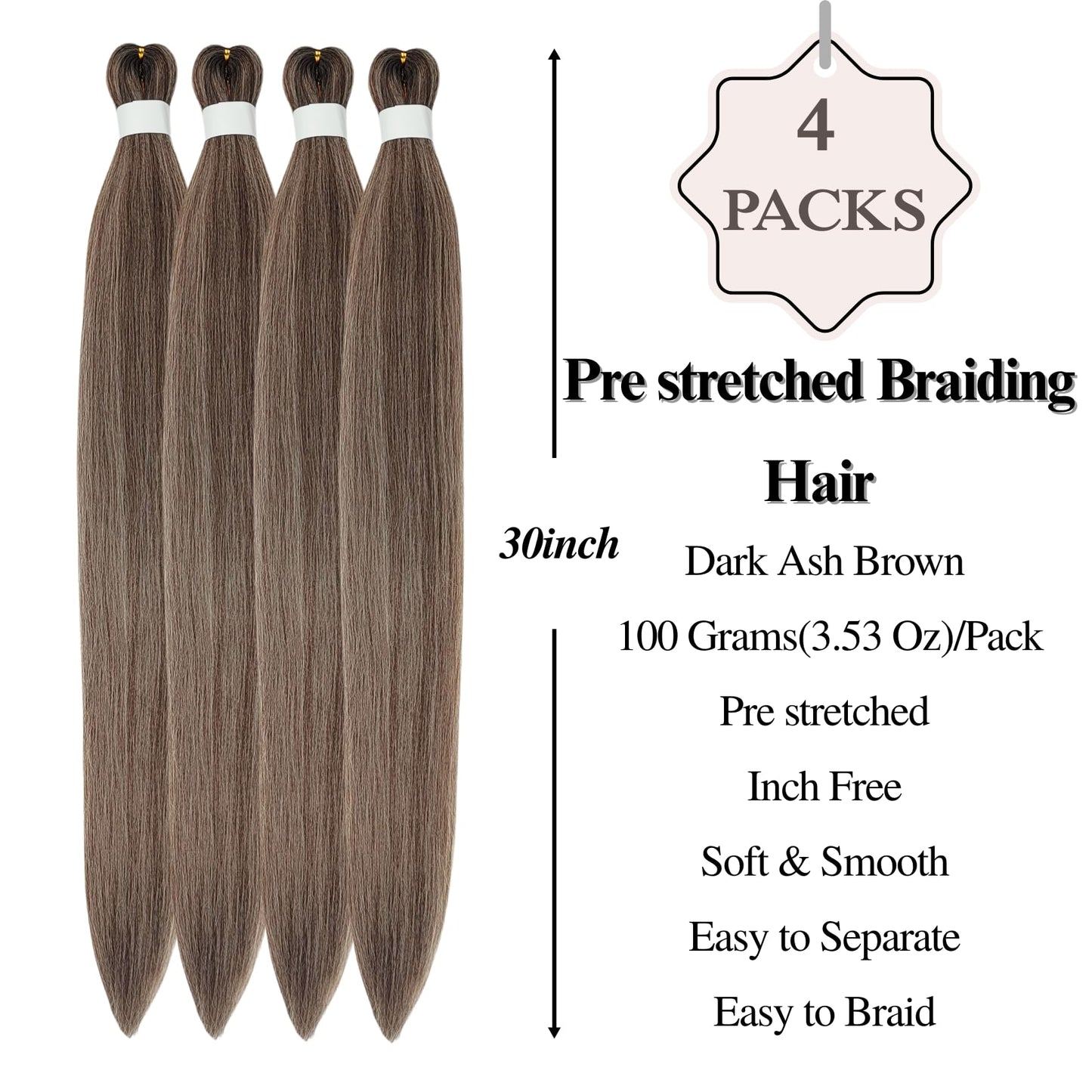 Dark Ash Brown Boho Braiding Hair Pre Stretched Knotless Braiding Hair for Boho Braids(30 inch, Packs of 5)