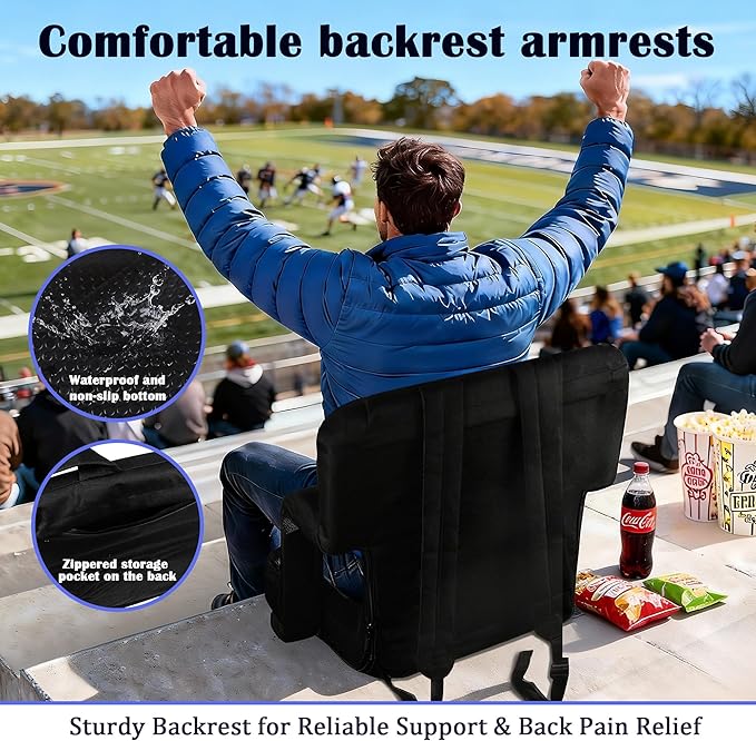 Anmiro Stadium Seats with Back Support Bleacher Chairs with Back and Extra Wide Cushion Thick Padded Bleacher Portable Reclining Seats for Football, Baseball and Basketball (Black, Medium)