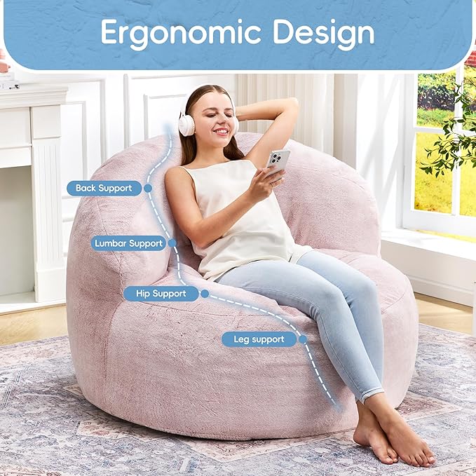 Hobestluk Bean Bag Chair Giant Bean Bag Chairs for Adults Big Bean Bag Chair with Memory Foam Filler Adults Large Beanbag with Faux Fur Cover for Bedroom (Plush Pink,Large)