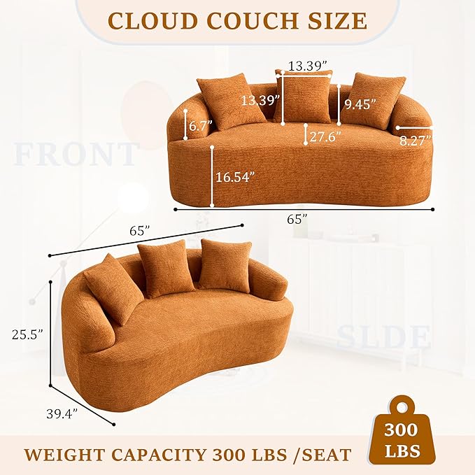 65'' Modern Curved Cloud Loveseat Sectional Sofa for Small Spaces, Luxury Plush Chenille Deep Seat Couch with 3 Pillows, No Assembly Needed Apartment Living Room Furniture, Orange