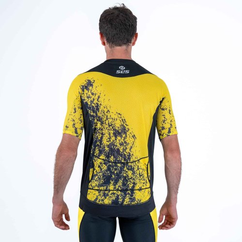 SLS3 Tri Top Men - Short Sleeves Mens Triathlon Top - Mens Triathlon Shirt - Triathlon Men Singlet - Aero FX Triathlon Shirts Men, Back Pocket (Yellow Splash, X-Large)