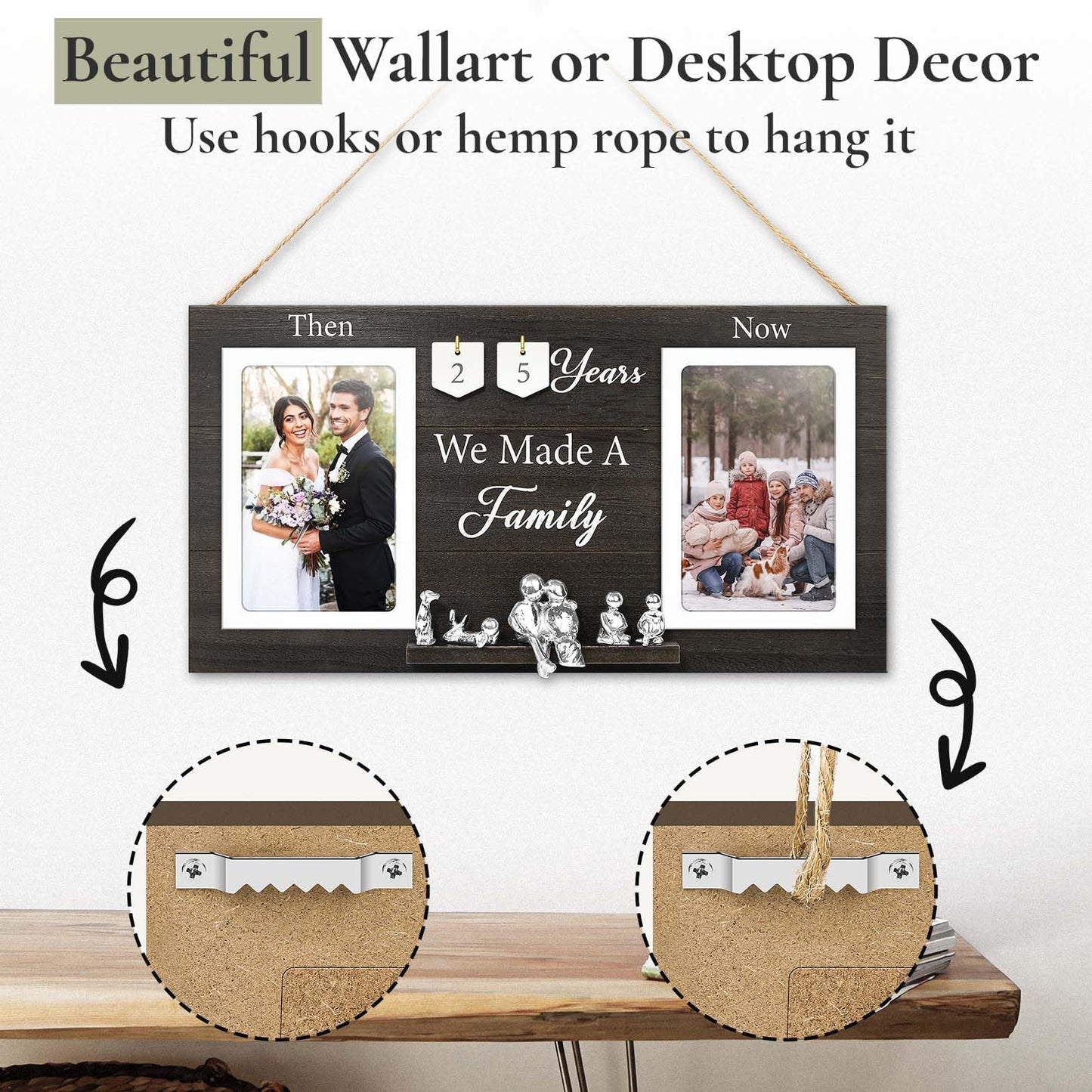 DREAMORIE Then & Now Anniversary Picture Frame with Tin Family Figurines – Rustic Wooden 10th Wedding Gift for Couples, Custom Number Tiles