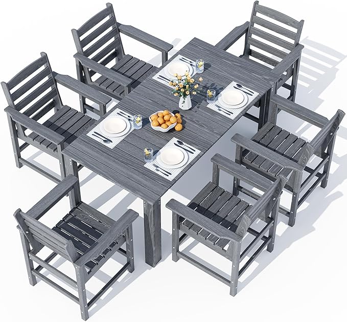 PamapicLife Outdoor HDPE Dining Table Set, 7-Piece Outdoor Dining Table Sets, Wood Grain Patio Furniture Sets with Umbrella Hole for Porch, Backyard, Gray