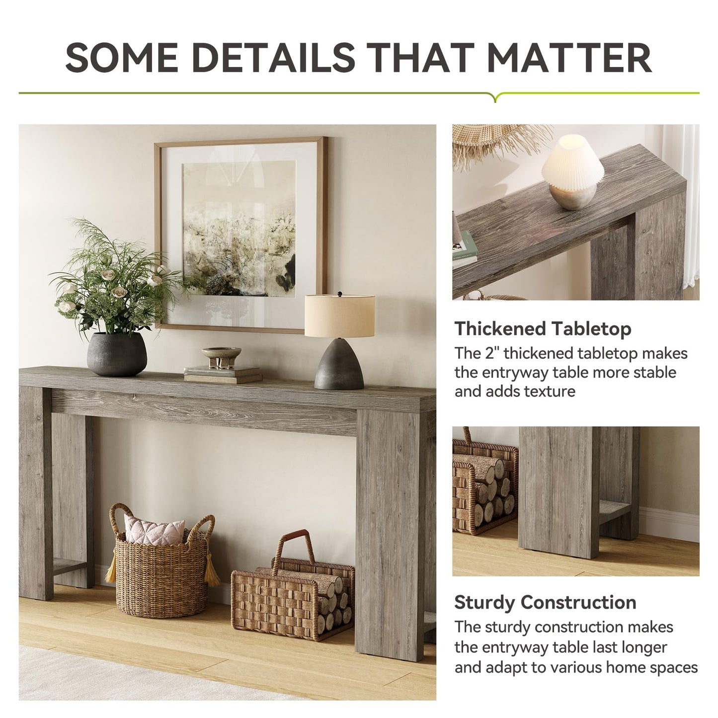 LITTLE TREE 70.9-Inch Long Entryway Table, Farmhouse Sofa Console Table for Living Room, Entryway, Hallway, Grey