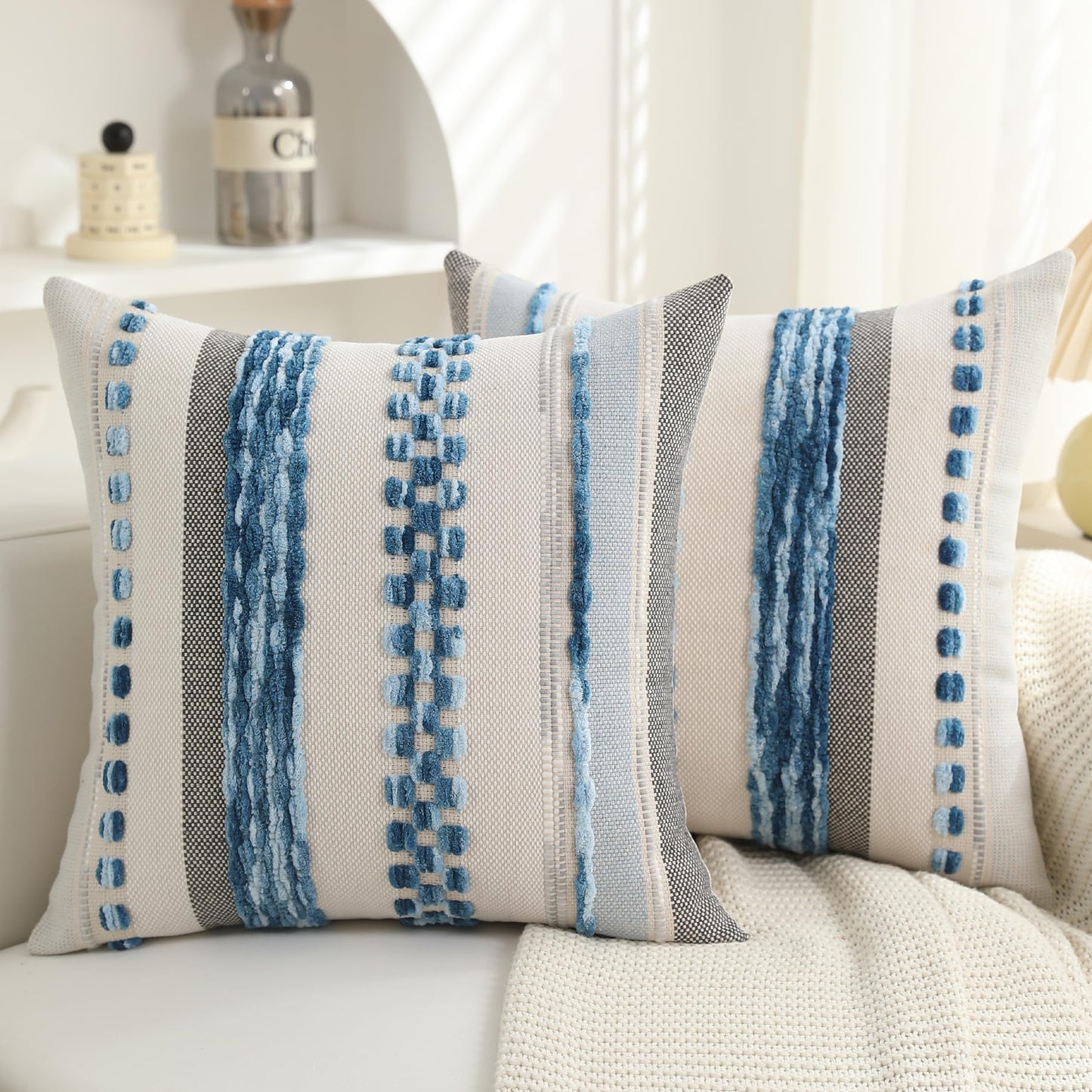 Boho Pillow Covers 18x18 Set of 2 for Couch-Modern Farmhouse Sofa Decorative Blue Throw Pillow Covers Textured Chenille Cushion Covers Outdoor Netural Bohemian Pillow Cases Square