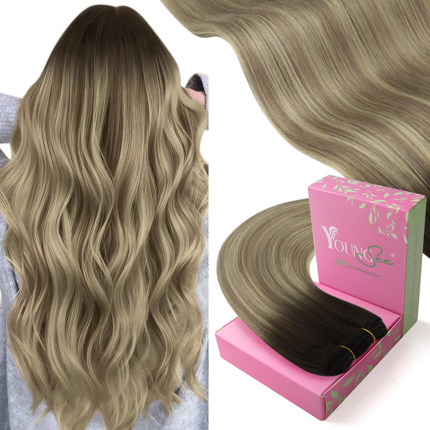 YoungSee Weft Hair Extensions Human Hair Brown Ombre Sew in Extensions Human Hair Dark Brown Ombre Light Brown with Blonde Weft