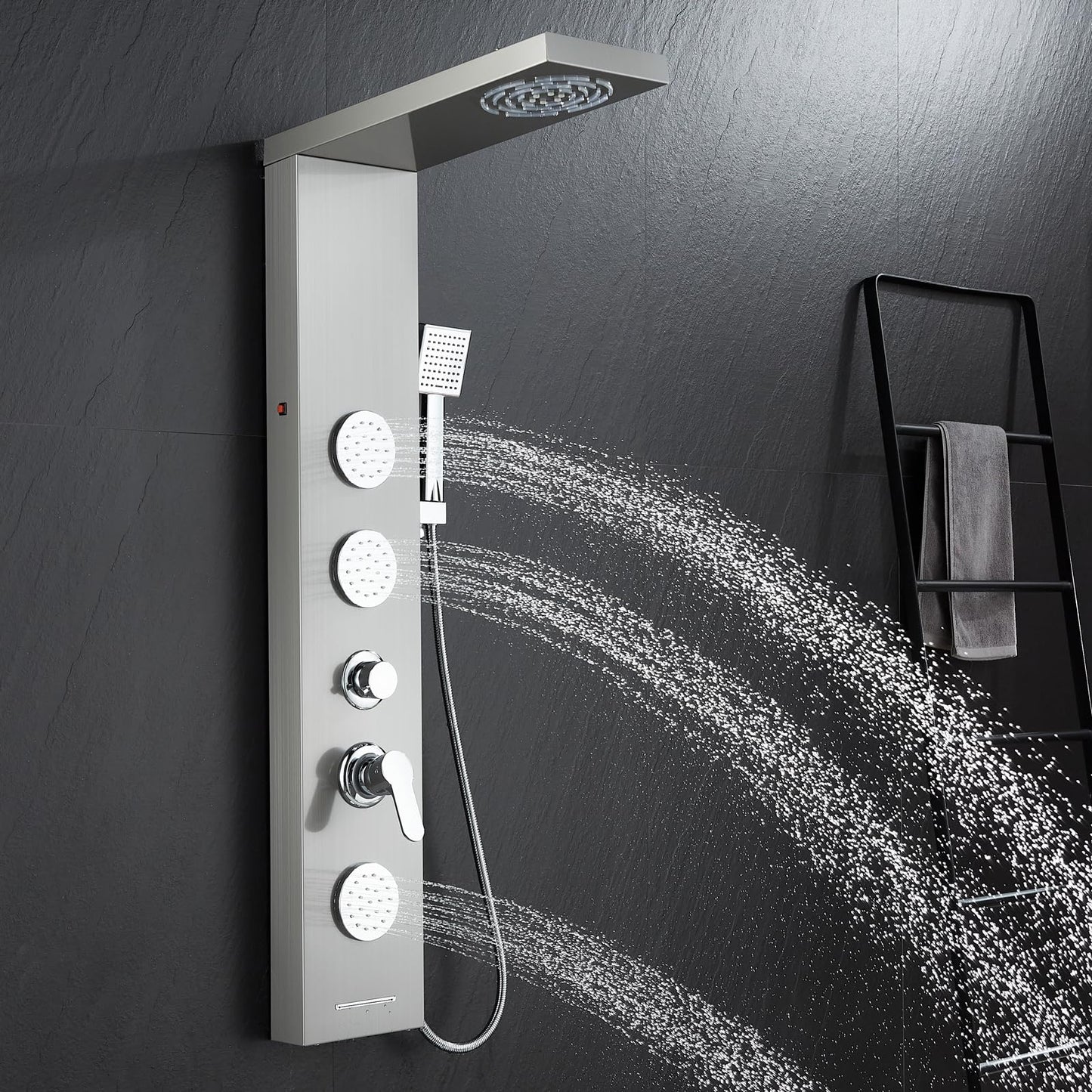 ROVOGO Shower Panel Tower System with Led Lights, 2-Mode Shower Head, 3 Body Jets, Handheld and Tub Spout, 46.5" Stainless Steel Shower Column with Mixer Valve, Brushed