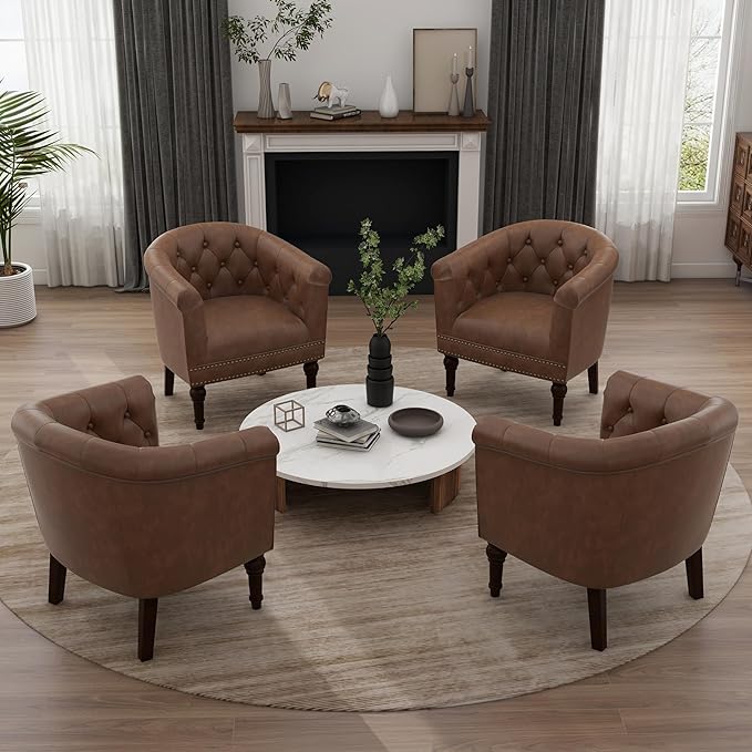 UIXE PU Leather Barrel Club Chairs Set of 4, Modern Arm Accnet Chair Comfy Upholstered Armchair, Nailhead Trim Living Room Single Sofa Reading Seat Bedroom Side Sitting for Office, Brown