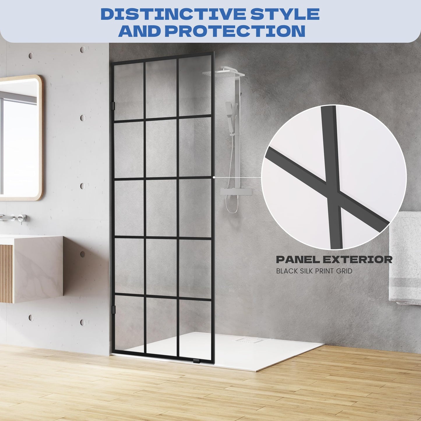Bathroom Shower Door 28.8" W x 76" H, Framed Fixed 5/16" (8mm) Thick Clear Tempered Glass Door Panel, Matte Black Silk-Print Grid