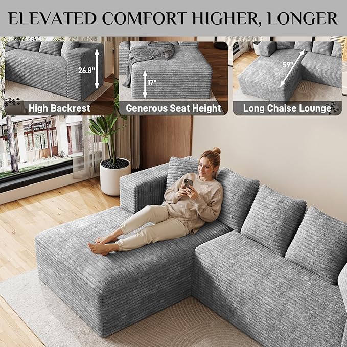Modular Sectional Sofa, 107" L Shaped Cloud Couch Plush Corduroy Deep Seat Boneless Sofas with 5 Pillows Long Chaise Lounge Couches Memory Foam for Living Room - Grey, Left Facing Chaise
