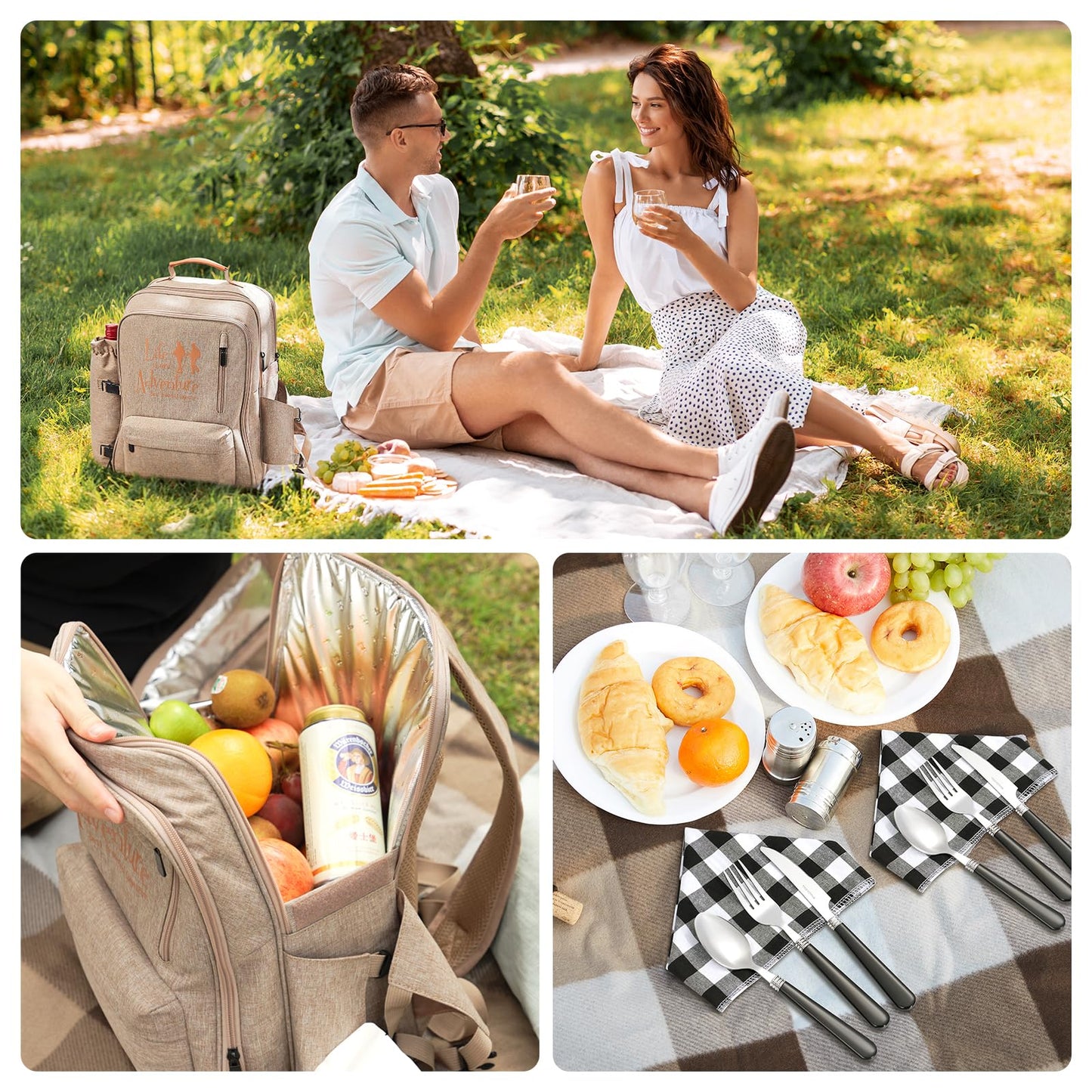 24L Insulated Picnic Basket Leak Proof Picnic Backpack for 2, Light Brown Camping Gifts, Cool Bridal Shower Gifts for Bride & Groom, Mr & Mrs, Anniversary Engagement Wedding for Newly Engaged Couples