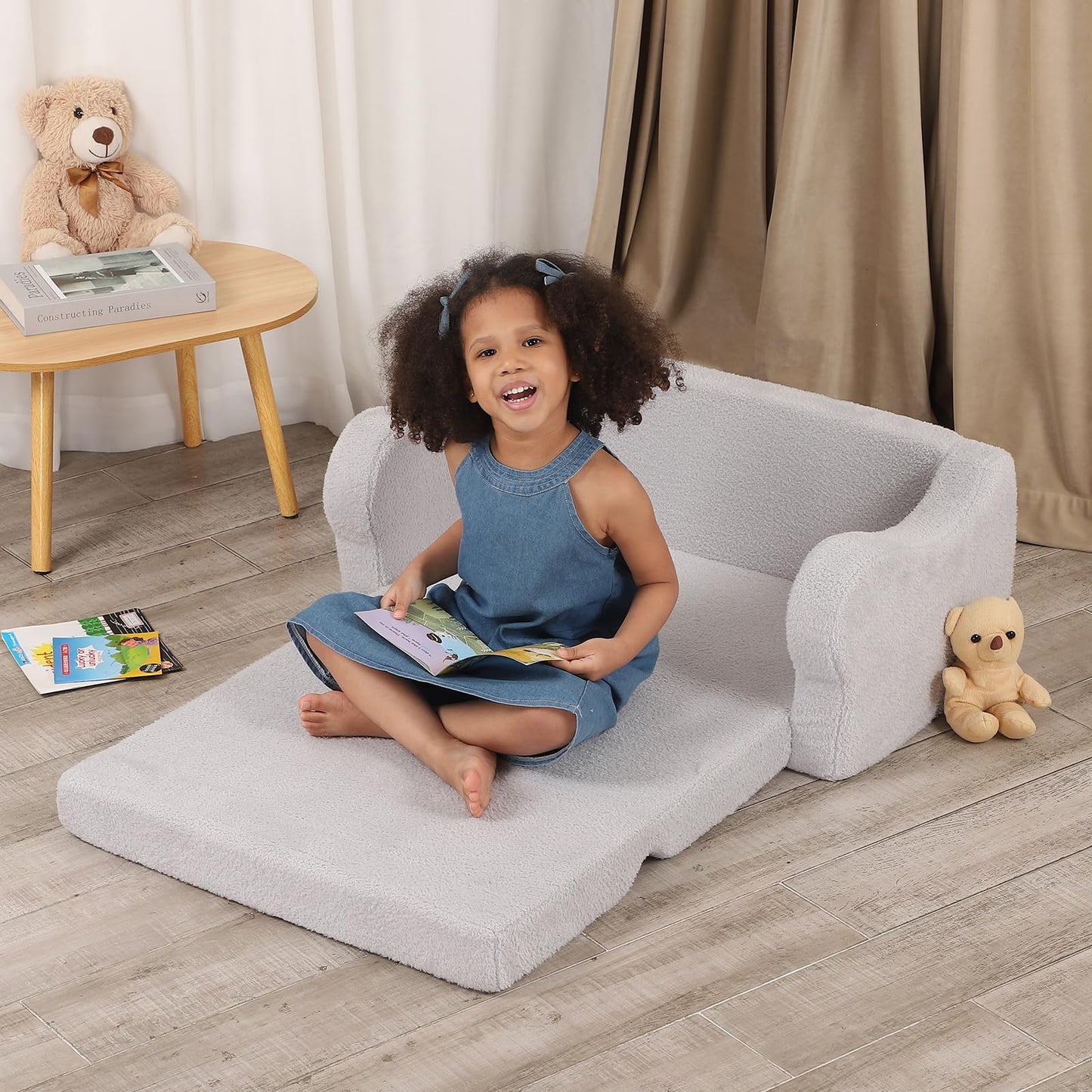 BestRoyal Extra Wide Toddler Chair, 2-in-1 Toddler Couch Fold Out, Convertible Sherpa Sofa to Lounger for Boys & Girls, Grey