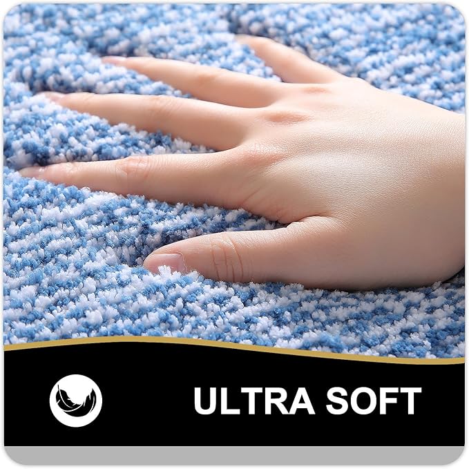 OLANLY Toilet Rugs U-Shaped 24x20, Extra Soft and Absorbent Microfiber Bathroom Rugs, Non-Slip, Machine Wash Dry, Plush Shaggy Contour Bath Mats for Toilet Base (Blue and White)
