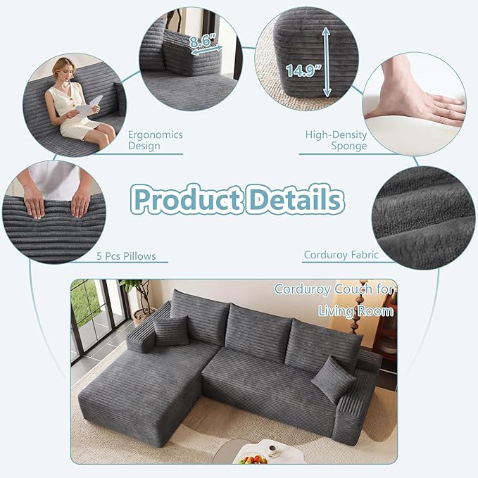 95" Cloud Sectional Couch with L-Shape Chaise, Modern Corduroy Boneless Couch for Living Room,Memory Foam Sofa with Deep Seat,No Assembly Required (Dark Gray,Left-Facing Chaise)
