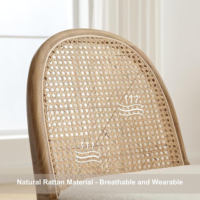 HEAH-YO Rattan Dining Chairs Set of 2, Upholstered Sherpa Dining Room Chairs with Backrests, Modern Kitchen Chairs with Wood Legs for Dining Room, White