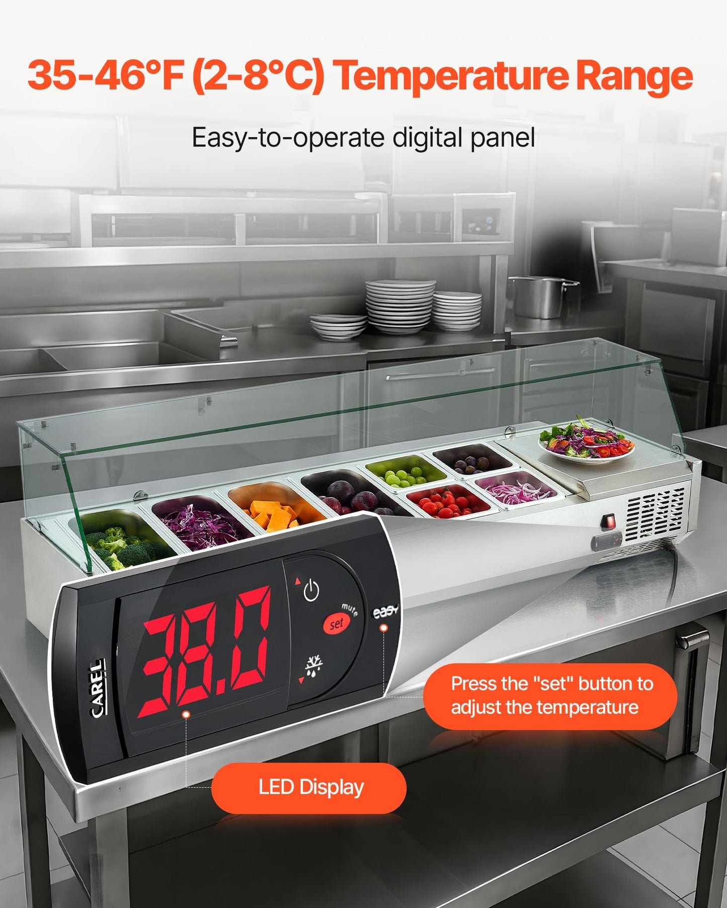 VEVOR Refrigerated Condiment Prep Station, 130 W Countertop Refrigerated Condiment Station, with Four 1/3 Pans & Four 1/6 Pans, 304 Stainless Body and PC Lid, Sandwich Prep Table with Glass Guard