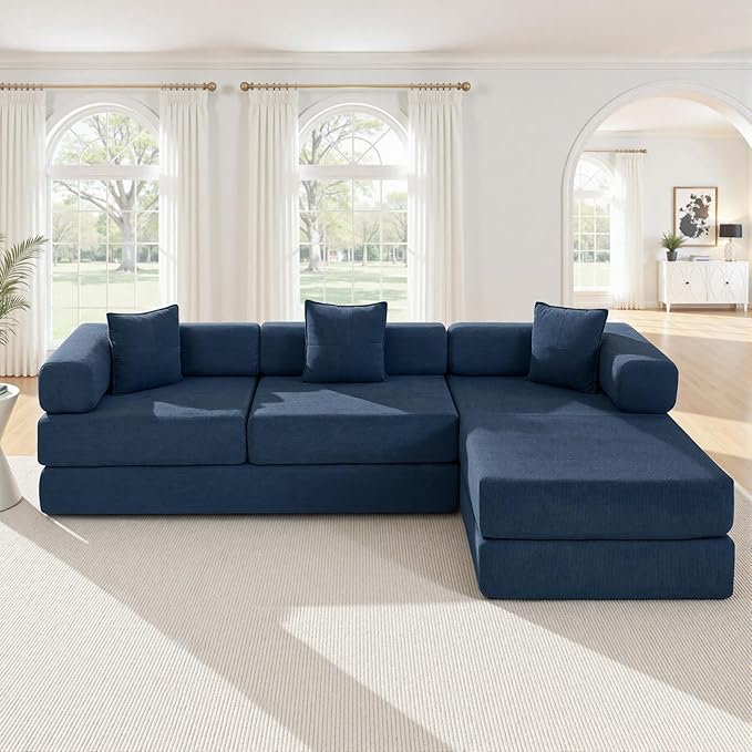 108" Oversized Convertible Sleeper Sofa Bed, Corduroy L Shape Sectional Couch, Folding Sofa Bed with Fixed-Shape Frame, Modern Cloud Floor Mattress Couch, Modular Sofa for Living Room, Blue