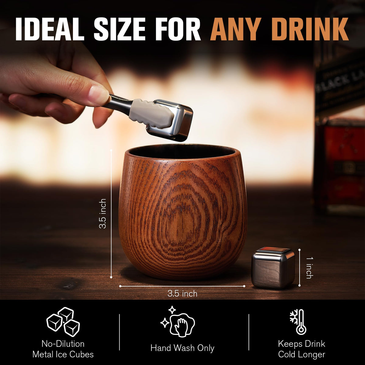 Charred Wooden Bourbon Drinking Glass, 2 Handcrafted Whiskey Tumblers | Bourbon Gifts for Men | Charred Old Fashioned Glass | Unique Whiskey Gifts for Men, Dad, or Brother - Includes 6 Metal Ice Cubes