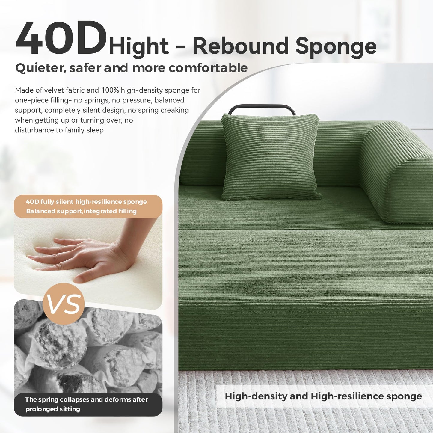 QQR Convertible Floor Sofa Bed with Fixed-Shape Frame, King Size Floor Sleeper 5-in-1 DIY Combination Modular Sofa, Modular Chenille Folding Mattress Couch for Living Room Bedroom Playroom (Green)