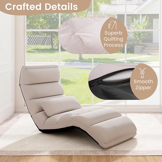 KOMFOTT Foldable Floor Lazy Sofa with Pillow, Indoor Chaise Lounge with 5 Adjustable Positions, Adjustable Back Support & Footrest, Video Gaming Chair for Home, Office, Reading, Watching (Beige)