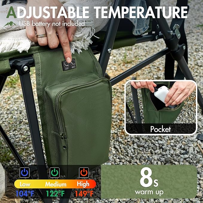 Portal Heated Camping Chairs for Adults Outdoor Sports Oversized Folding Lawn Chair with High Back, Heavy Duty 400 Lbs, Battery Not Included, Green