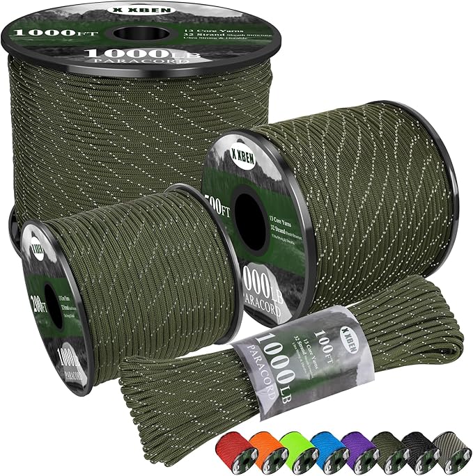 X XBEN Paracord Reflective 1000lb, 50/100/200/500/1000ft 4mm, 13 Strand Paracord Rope, Tactical Parachute Cord for Campin...