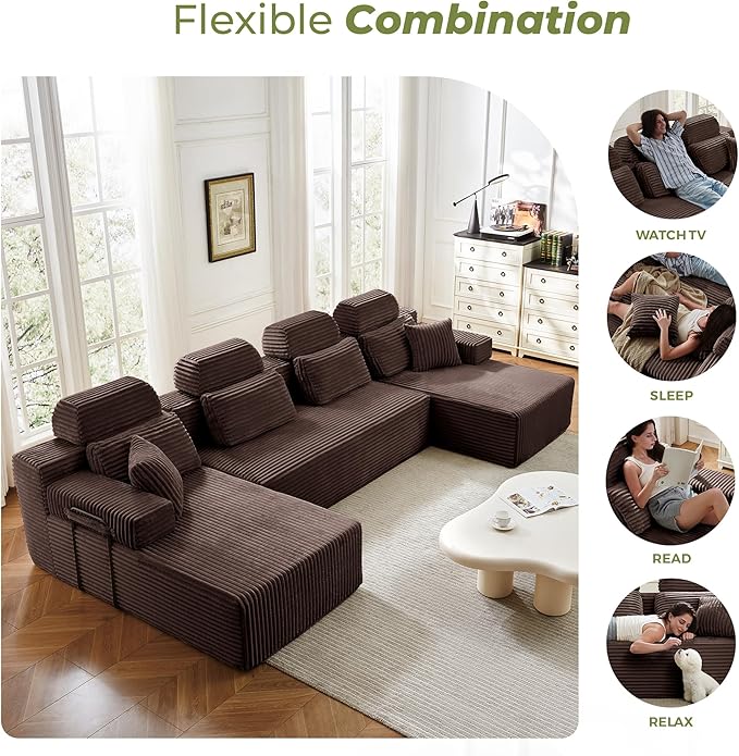 141" U-Shaped Cloud Modular Sectional Sofa with Chaise & Headrest, Boneless Deep Seat Plush Corduroy Couches for Large Living Room, No Assembly Required (Brown, 141" U-shapred Chaise)