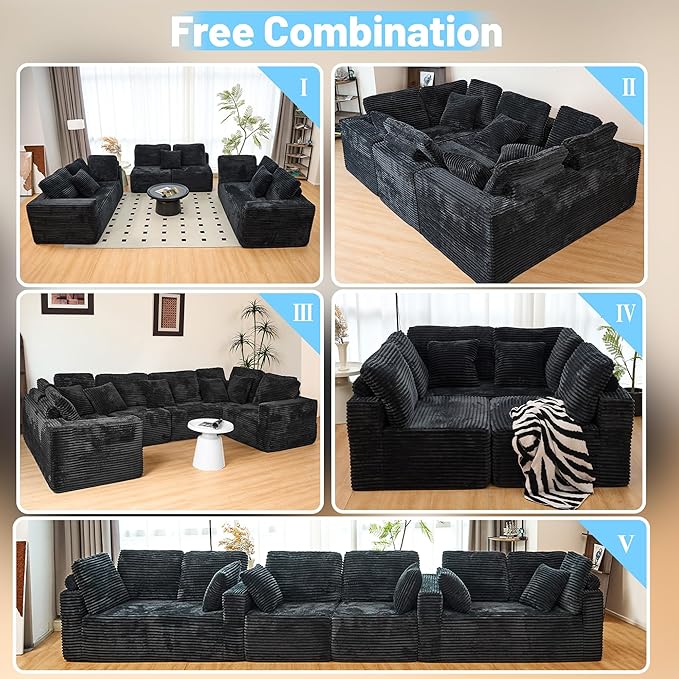 SEENYOO 135.5" Cloud Sectional Couch,Boneless Corduroy Sofa for Living Room,Oversized U Shaped Sofa with Chaise,Deep Seat,No Assembly Required,Modular Sectional Couches（Black）