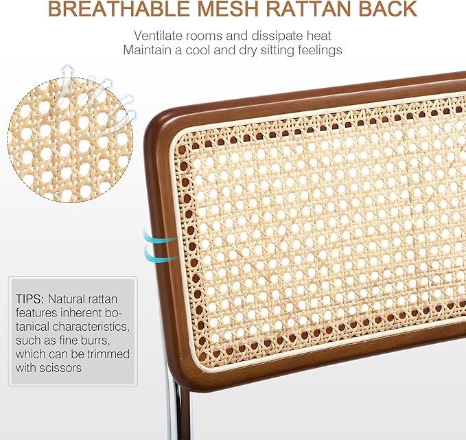 Zesthouse Rattan Dining Chairs Set of 4, Mid Century Modern Dining Room Chairs with Natural Cane Mesh & Chrome Base, Brown Cesca Chair Chenille Fabric, Farmhouse Kitchen Chair with Solid Wood Back