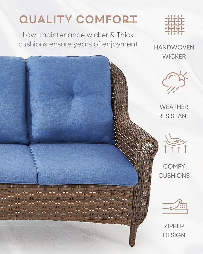 ACTREST Patio Couch Outdoor Wicker Sofa - Heavy Duty All-Weather Brown Rattan 3-Seater with High Back and Comfortable Thick Cushions for Garden Back Porch Poolside Apartment - Navy Blue