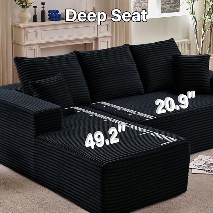 107" W Cloud Sectional Couch with L-Shape Chaise, Modern Corduroy Boneless Couch for Living Room,Memory Foam Sofa with Deep Seat,No Assembly Required (Black,Left-Facing Chaise)