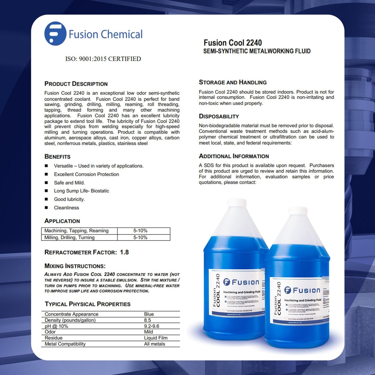 Metal Cutting Oil Cutting Fluid for Machine Shops | Fusion Cool 2240 | General Purpose Coolant for and Machine Shop Operations | Health Safety | Exceptional Sump Life | Semisynthetic (1 Gallon)