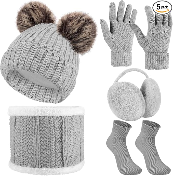 SATINIOR 5 Pcs Winter Hat Scarf Gloves Set Fleece Warm Lined Knit Beanie Hat Touch Screen Earmuff Gloves Warmer for Women(Grey,Cute Style)
