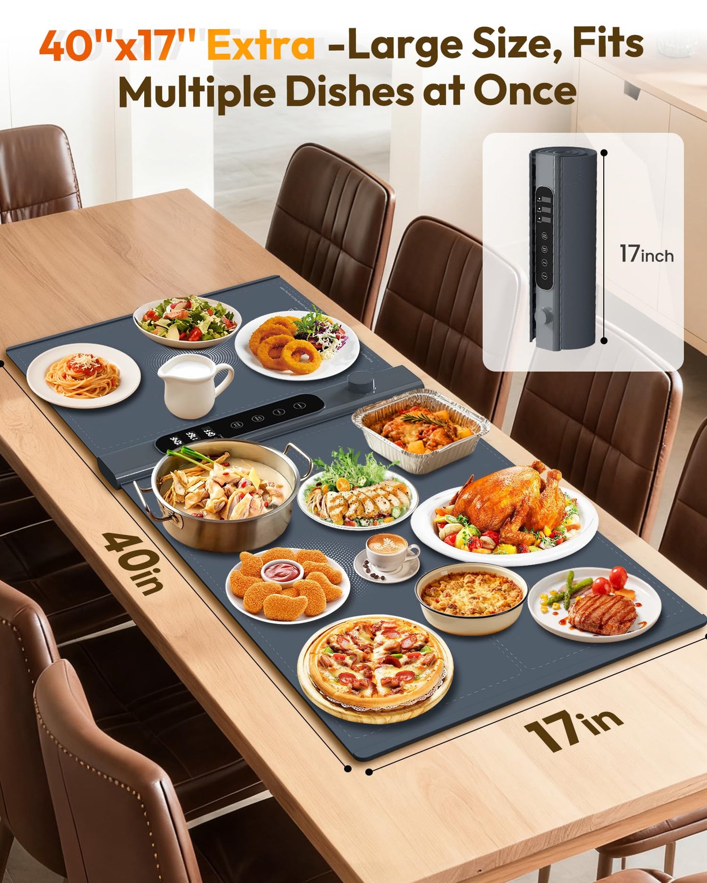 3-Zone Independent Warming Mat for Food 40"x17" XXL, Food Warming Mat with 17 Precise Temp Levels & 1–6H Timer, Heating Mat for Food, Silicone Roll-Up Food Warmer & Warming Tray for Party Buffets