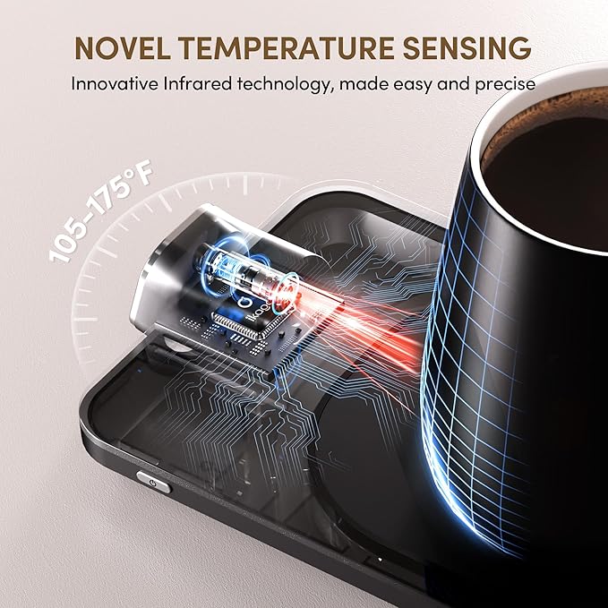 Coffee Mug Warmer Set, ±1°F Precision Temperature Control Smart Heated Mug for Desk, Electric Coffee Warmer with Auto Shut Off & Real-Time Temp Display, Gifts for Men Women, 15oz Ceramic Mug, Black