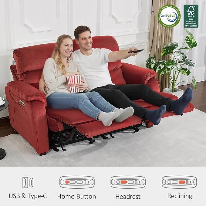 MCombo 61.6'' Wall Hugger Power Loveseat Recliner, Reclining Loveseat with Adjustable Headrest, USB Charge Ports, Wood Legs for Living Room, RVs, Small Spaces, Fabric ST258M1 (Loveseat, Burgundy)